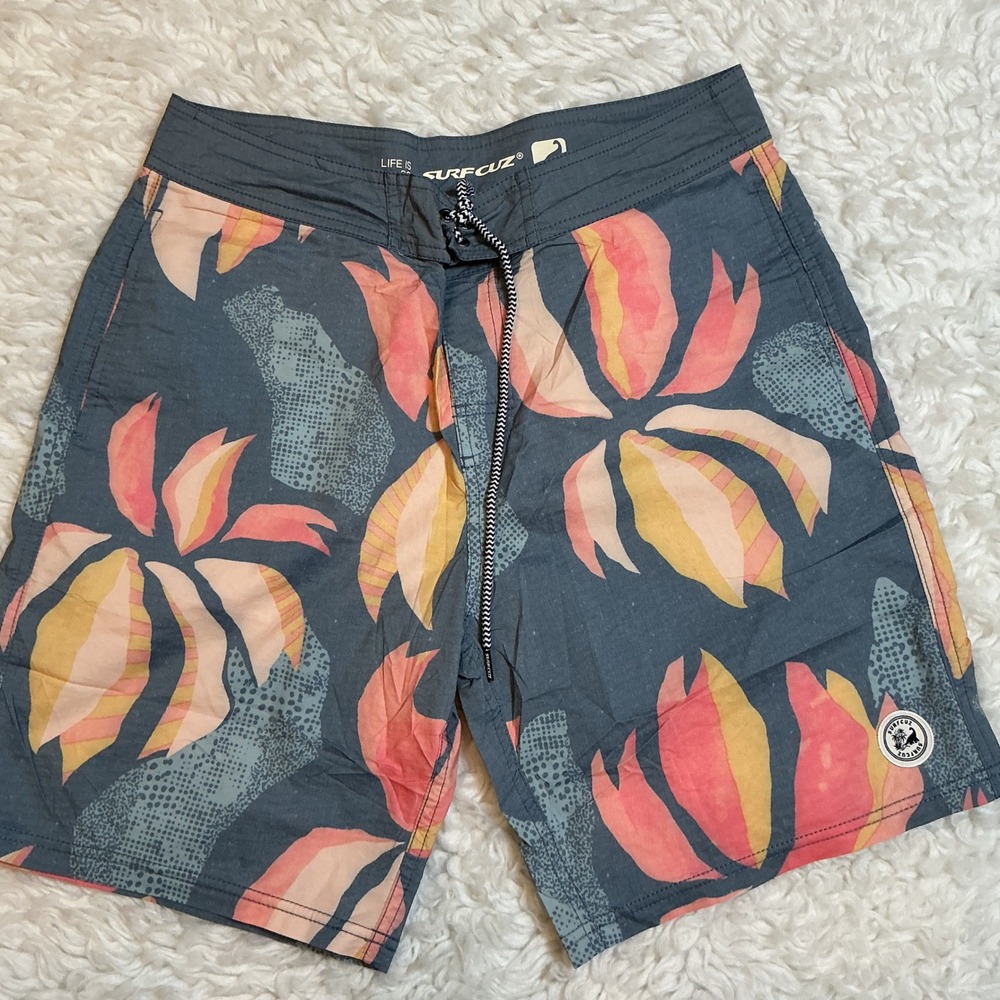 Surfcuz Board Shorts Mens 32 Blue Tropical Leaf Print Excellent‎ Swim Trunks